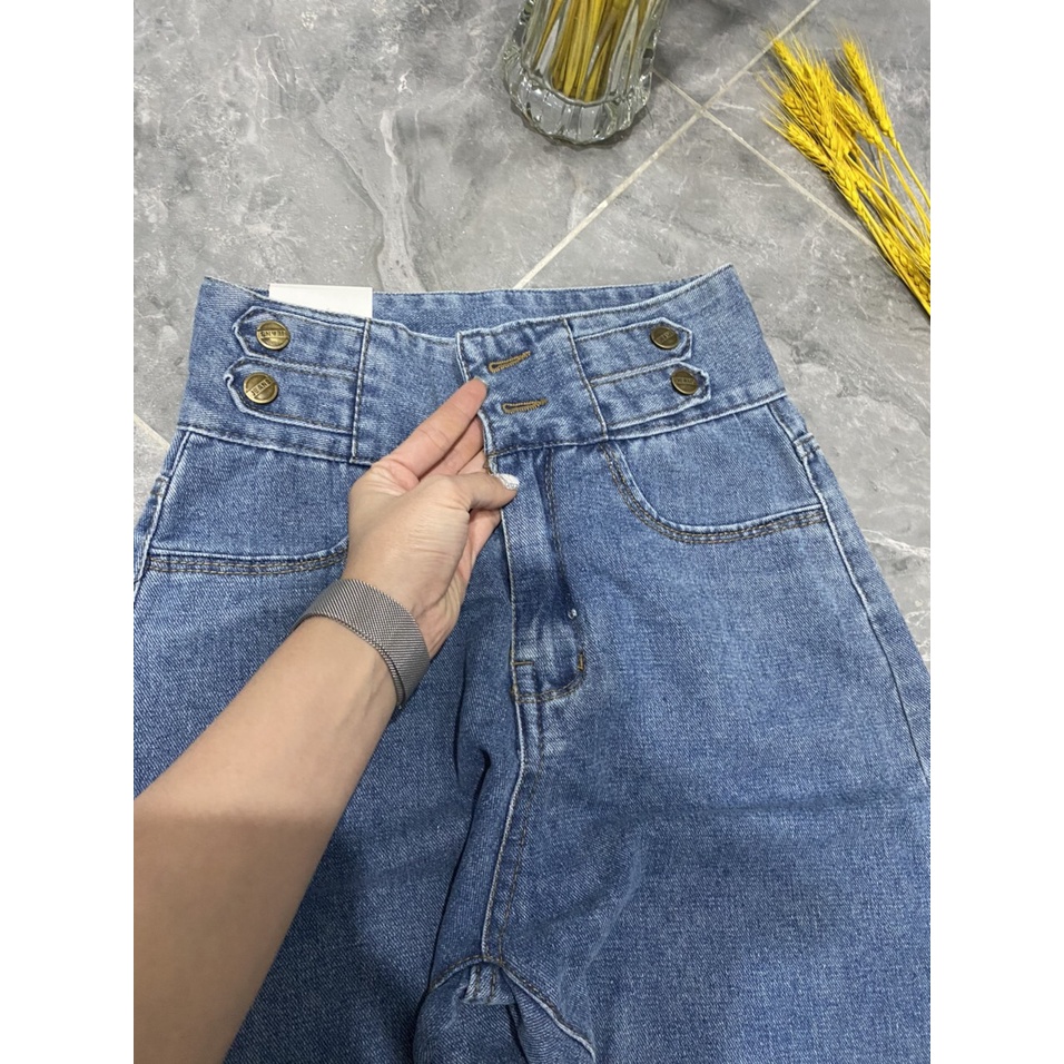 Quần baggy jeans bò nữ cạp cao 2 khuyu, Quần bò trơn lưng cao chất mịn đẹp