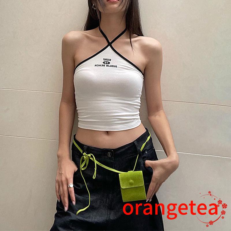 Áo Croptop Cổ Yếm Không Tay In Chữ Thời Trang Mùa Hè Cho Nữ