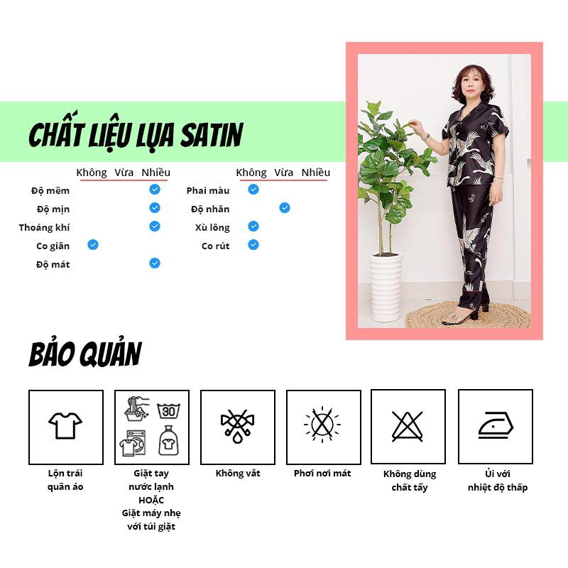 Đồ bộ trung niên SBORG pijama nữ mặc nhà lụa satin hạc sang trọng quần dài có túi đồ đôi mẹ và con gái quà tặng mẹ