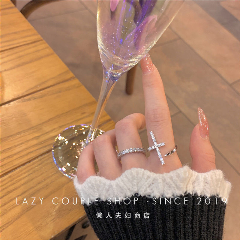 Shop Owner's Wall Push Super Cool Cold Wind Cross Diamond-Embedded Super Flash Personality Disco Open Ring for Women2021New-