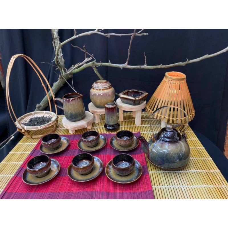 Bộ ấm chén men hoả biến nâu gấm Bát Tràng- Bộ trà đẹp