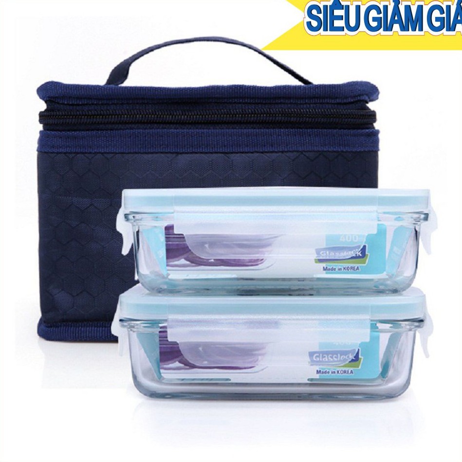 2 Hộp đựng cơm thủy tinh Glasslock 400ml kèm túi giữ nhiệt