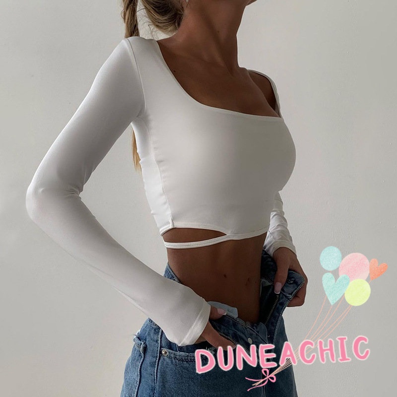 DUNEA Áo Croptop Tay Dài Cổ Vuông Màu Trơn Thời Trang Cho Nữ
