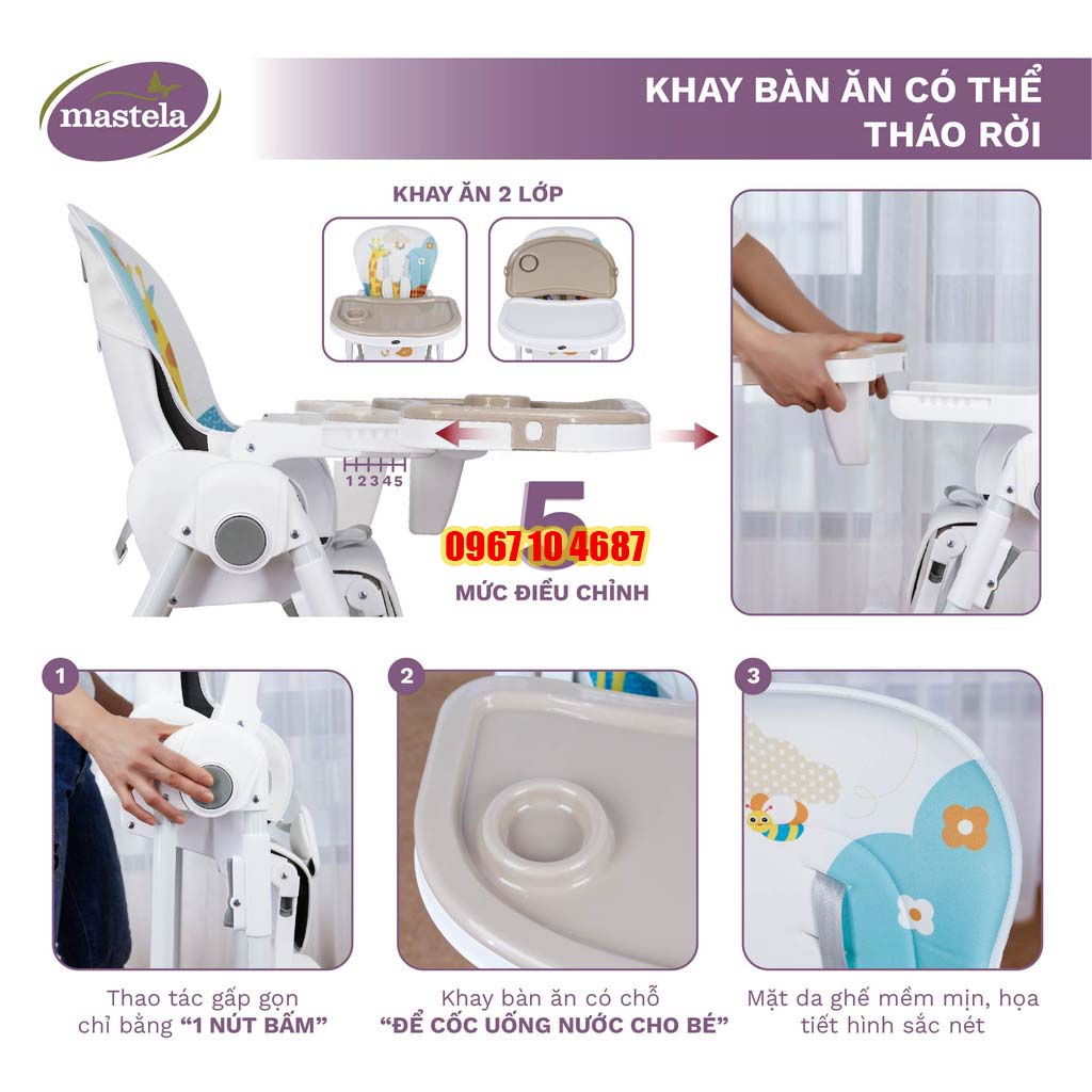 Ghế ăn dặm đa năng cho bé Mastela 1015 có 5 mức nâng hạ độ cao, 3 chế độ ngả, dùng cho bé từ 4 tháng - 5 tuổi