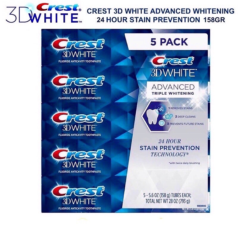 Kem đánh răng siêu trắng sạch mảng ố Crest 3D White Advanced Triple Whitening 158g Mỹ