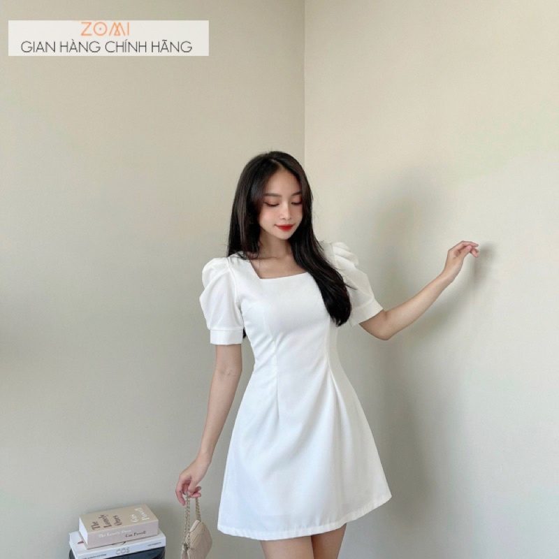 Váy suông chữ a cổ vuông tây xếp phồng cách điệu thiết kế ZOMI D9344