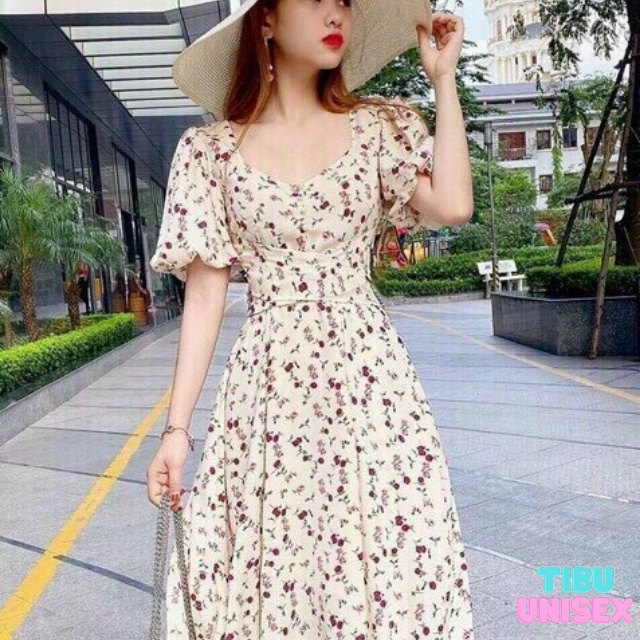 Đầm hoa nhí vintage cổ cúc body tay phồng ulzzang thắt eo tiểu thư