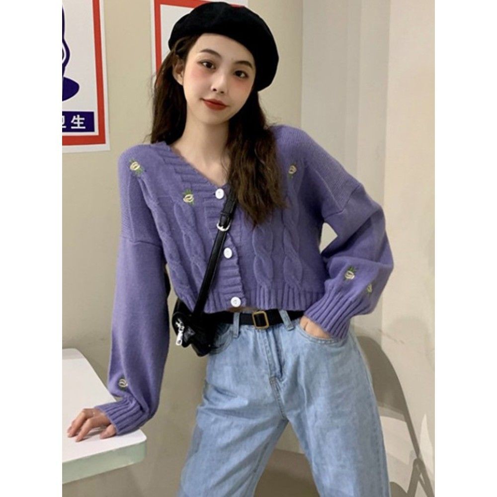 Áo len nữ tay dài croptop cổ V có cài cúc áo ulzzang ( 2 màu )