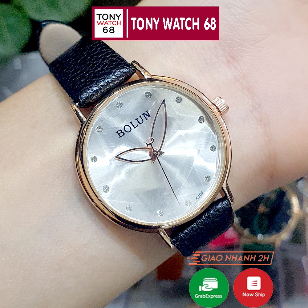 Đồng hồ nữ Bolun dây da kim to mặt kính cánh hoa chính hãng Tony Watch