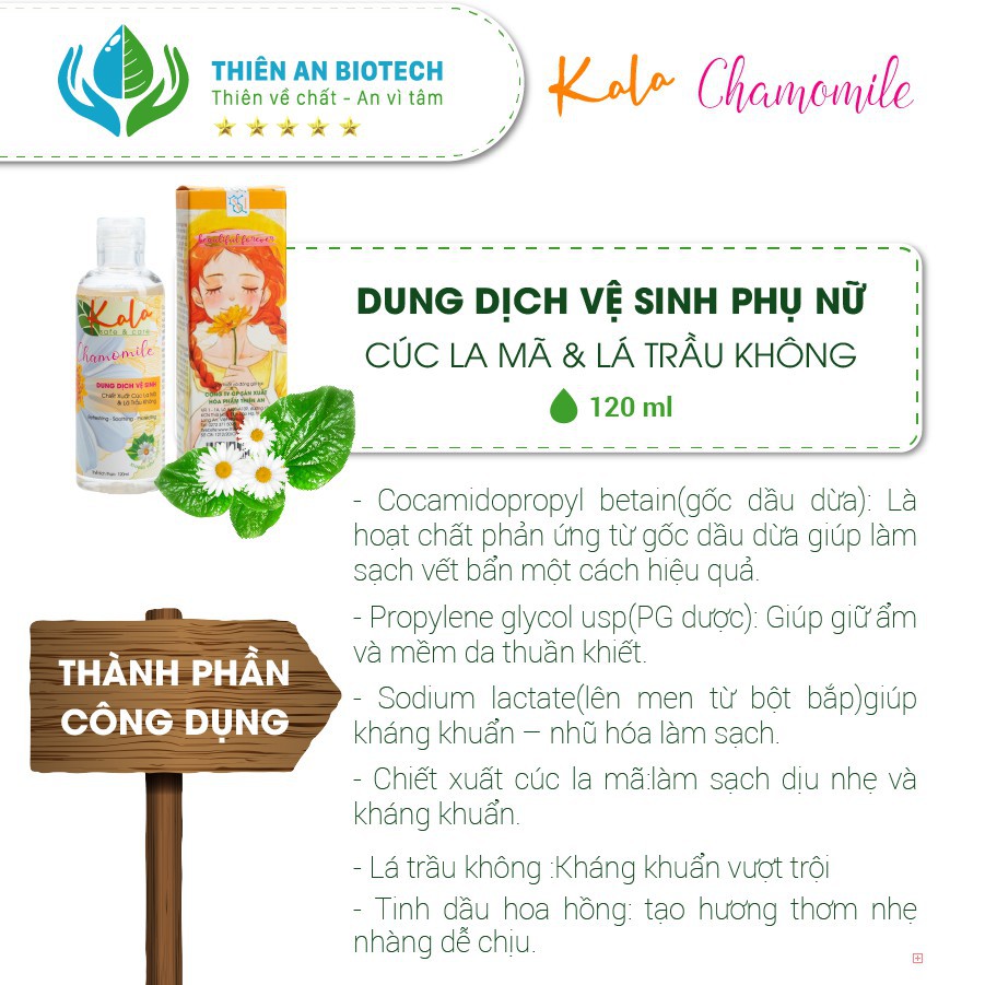 DUNG DỊCH VỆ SINH PHỤ NỮ KALA LÁ TRẦU KHÔNG, CÚC LA MÃ 120ML | SẢN PHẨM THIÊN NHIÊN famimark.com