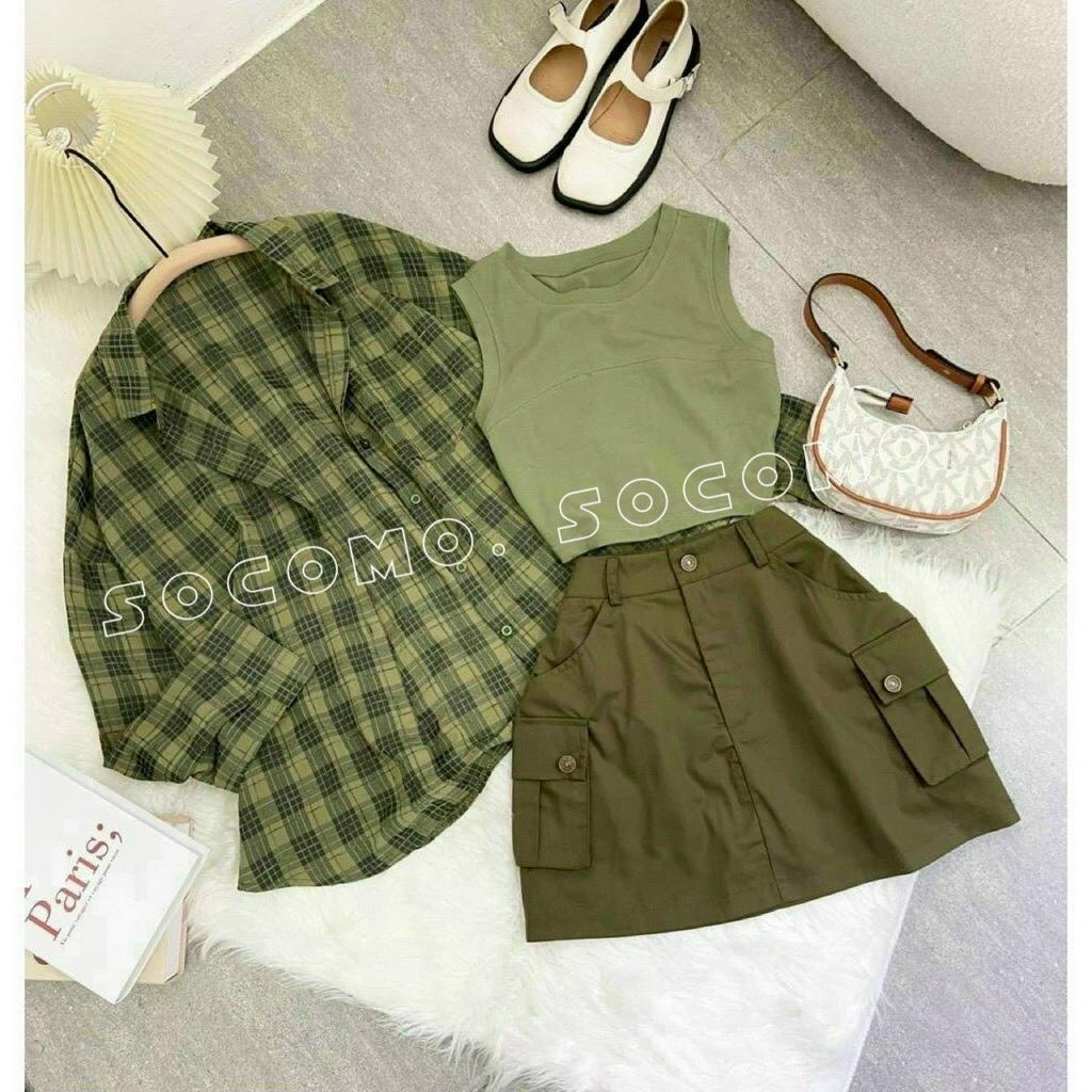 Set bộ ba món chân váy áo sơmi và áo pull Socomo B582022 - Hàng Loại 1, Chất Đẹp - Giá tốt