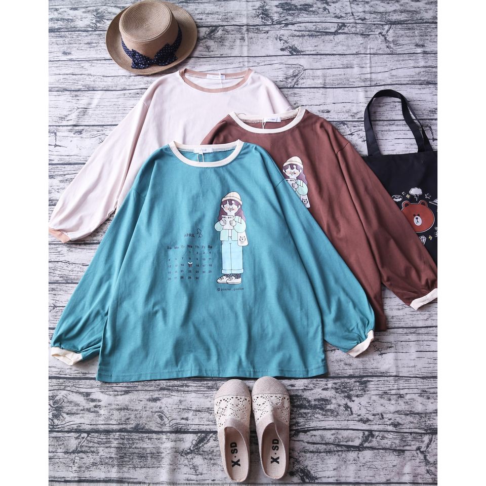 ÁO SWEATER HÌNH CÔ GÁI TAY BỒNG DÁNG RỘNG