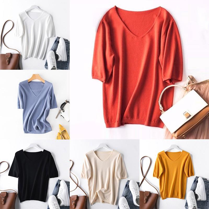 Summer Women V Neck Solid Casual Short Sleeve Simple T-Shirt | BigBuy360 - bigbuy360.vn
