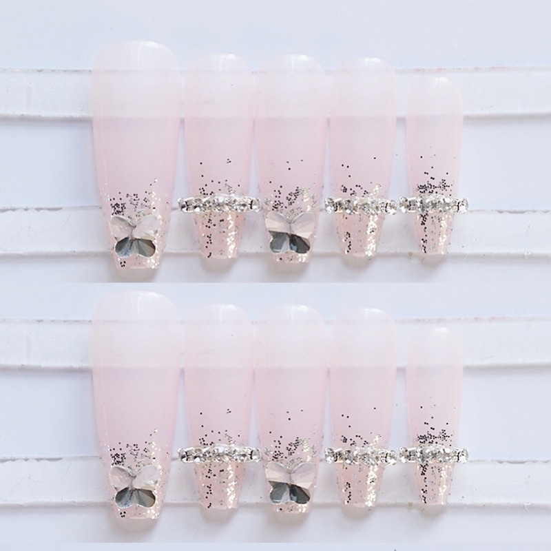 Set 24 móng giả D102 đính đá cao cấp, dáng móng dài dễ thương ( Tặng kèm keo và dũa )