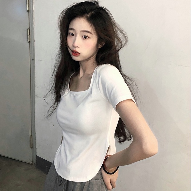 Cơ bản kiểu Mỹ retro vòng cung ngắn tay áo thun phụ nữ co giãn hàng đầu  JH-TX-19