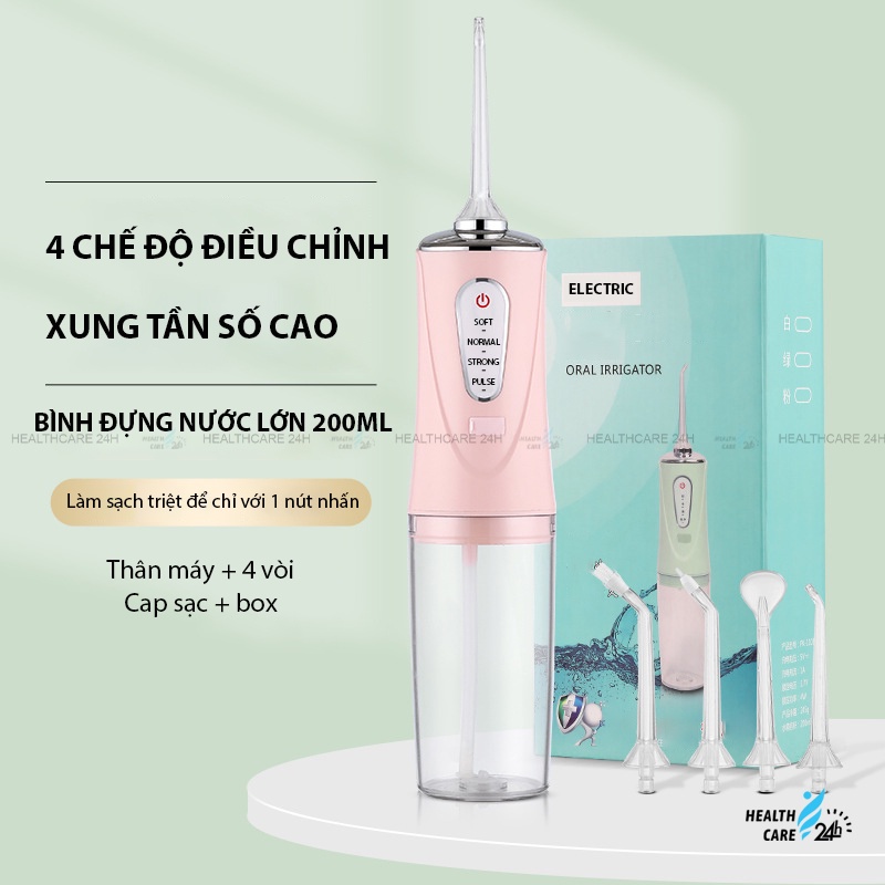 Máy tăm nước cầm tay phiên bản nâng cấp 4 chế độ, Healthcare24h D005, vệ sinh răng miệng cực sạch kèm 4 đầu tăm