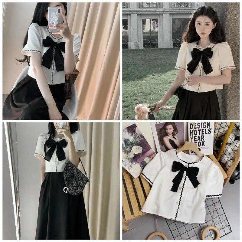 Áo Sơ Mi Hàn Quốc Cổ Tròn Gài Nút Bự Kèm Thắt Nơ Đen Bự Trước Ngực Sang Trọng TTSLA0911