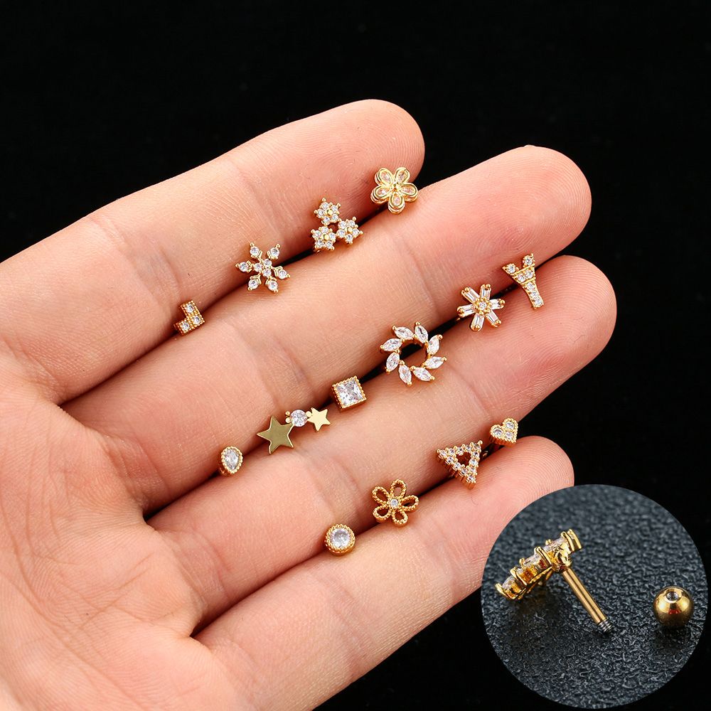 Khuyên xỏ sụn tai hình hoa đính đá zircon nhiều màu bằng thép không gỉ thời trang