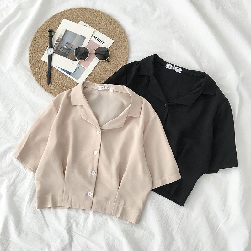 Áo sơ mi cổ vest croptop (có ảnh thật)