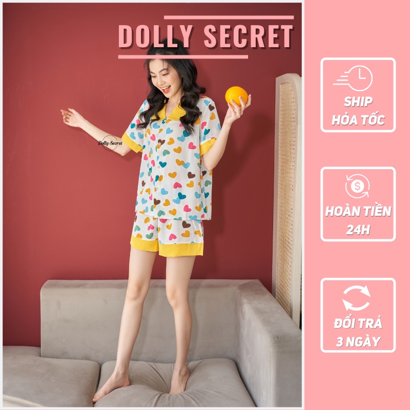 Đồ bộ Pijama ngắn tay cộc quần đùi lụa mango cổ tròn họa tiết trái tim chấm bi đáng yêu DOLLY SECRET CC04