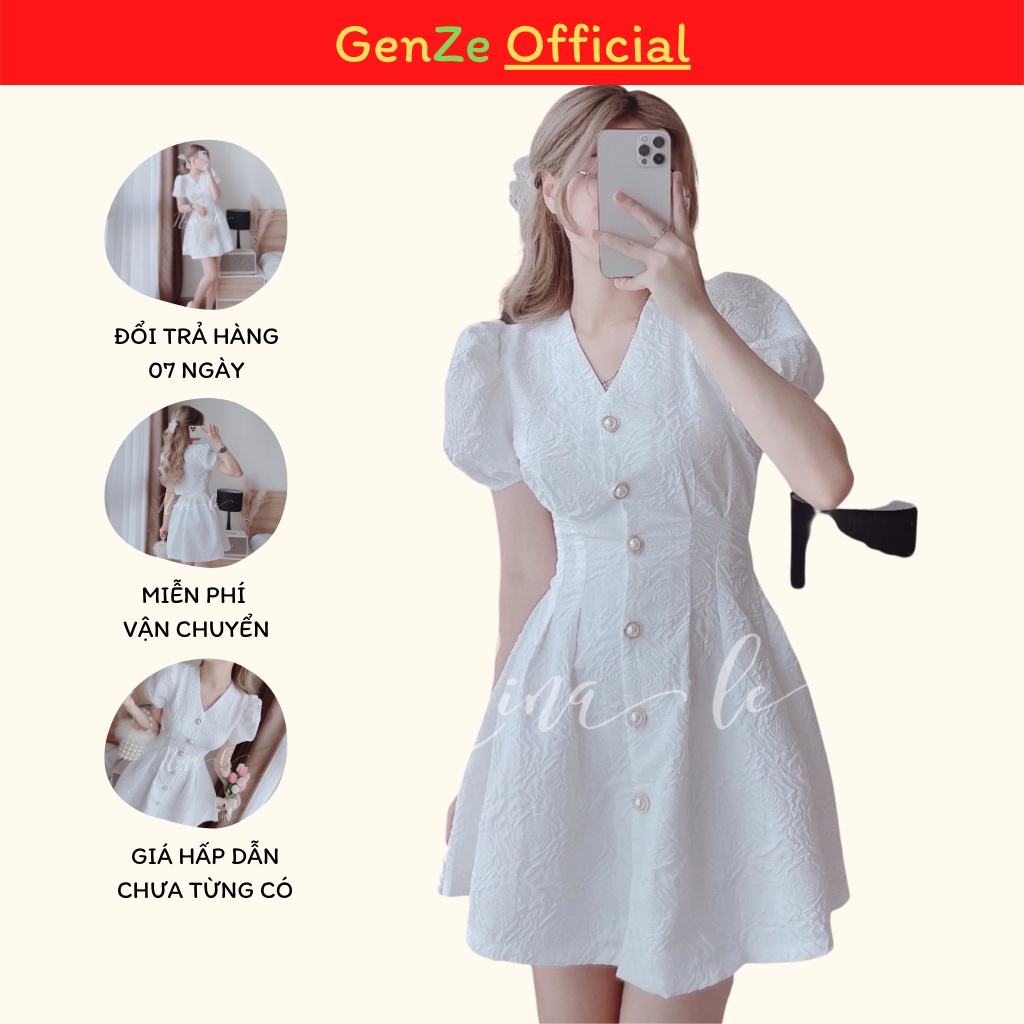 Váy Xốp Cổ V Tay Bồng Hở Lưng Gân Chìm Xinh Gái Váy Hottrend Genze.Official 1097