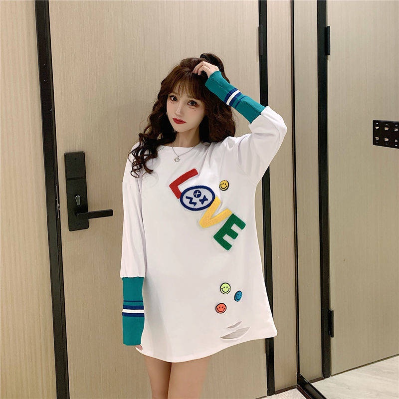 Mã lớn MM Áo thun dài tay cho nước ngoài Nữ mùa xuân thu nối hoang dã Thiết kế dải màu áo