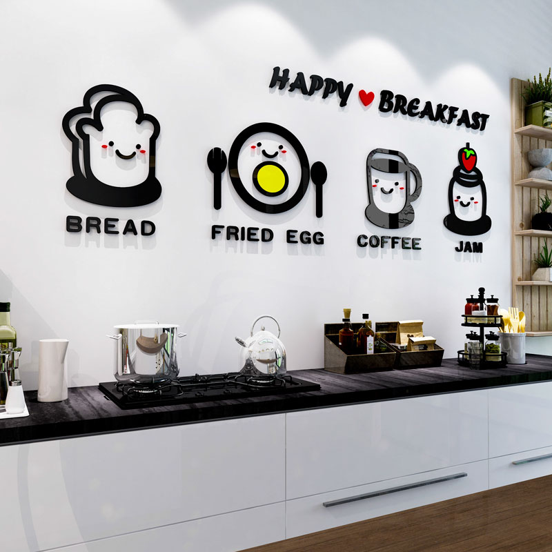 Tranh Dán Tường Mica 3D hoạt hình bữa ăn sáng dễ thương Quán Ăn, Quán Cafe, Trà Chanh, Trà Sữa