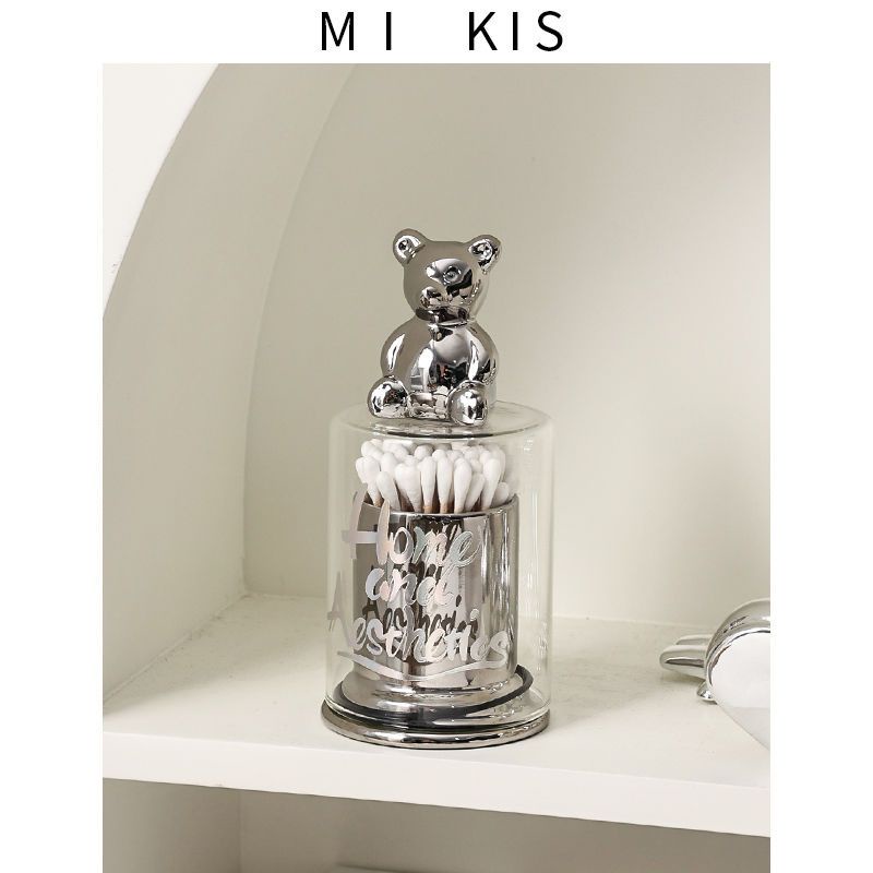 (Sẵn) Lọ đựng tăm thủy tinh hữu cơ phong cách sang trọng nắp gấu decor