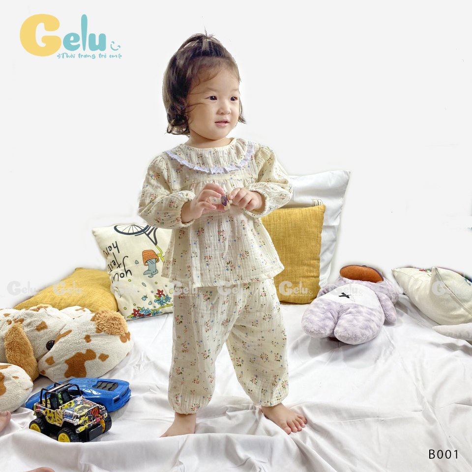 Bộ thu đông cho bé Gelu Kids, bộ ngủ xô muslin hoa nhí mềm mịn, an toàn cho da bé