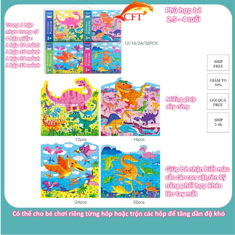 Xếp hình  cho bé từ 2 tuổi bộ ghép hình puzzle 4 cấp độ với 3 chủ đề ô tô khủng long bốn mùa