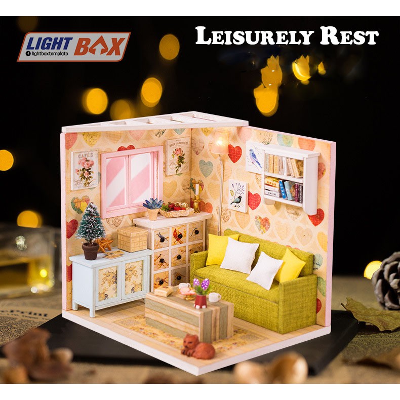 Nhà búp bê Tự làm bằng gỗ [Nhà LEISURELY REST có nội thất &amp; đèn led ] Tặng kèm khung MICA + dụng cụ keo