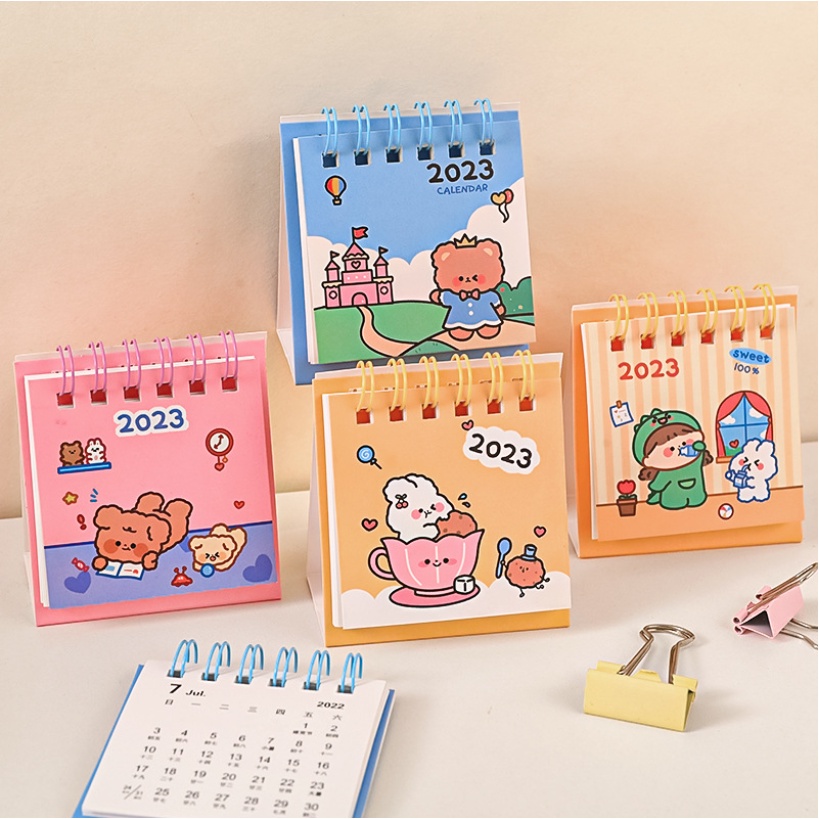 Lịch 2023 mini trang trí nhiều hình sắc màu cute thiết kế sáng tạo có mặt ghi chú phía sau dáng chữ A để bàn tiện lợi