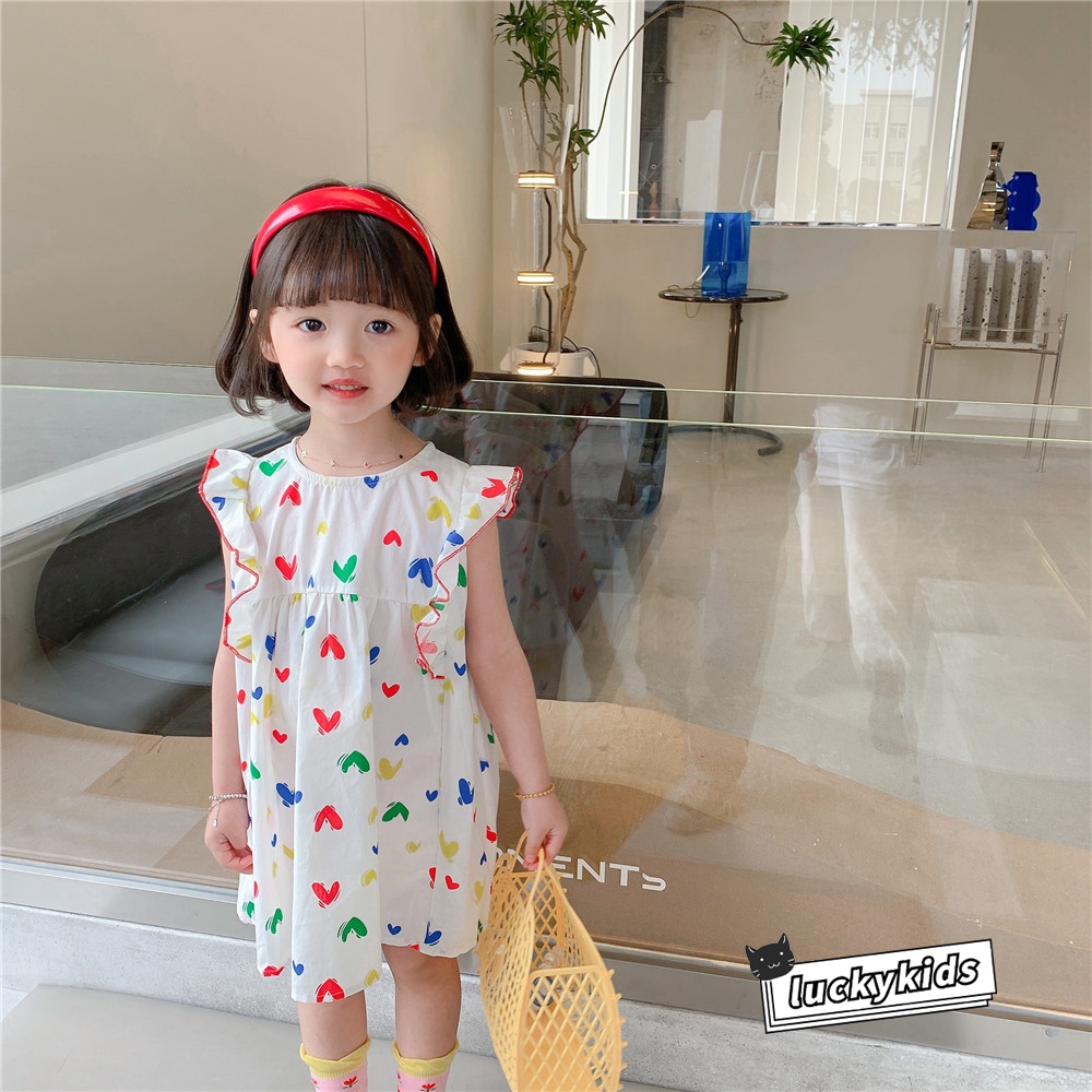 Đầm Tay Loe In Hình Trái Tim Đáng Yêu Cho Bé Gái