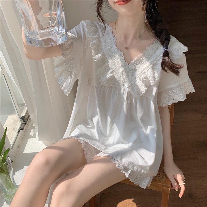 Đồ Ngủ Style Hàn Quốc_ Đồ Bộ Nữ Mặc Nhà Tiểu Thư Cộc Tay Phối Bèo Viền