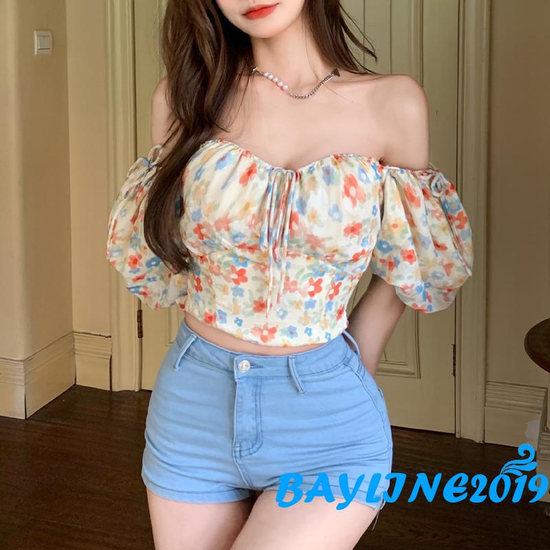 Áo kiểu tay phồng ngắn in họa tiết hoa thời trang cho nữ