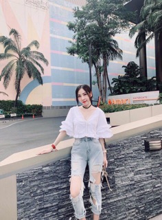 💋Áo Kiểu Cổ V Trắng Phối Ren