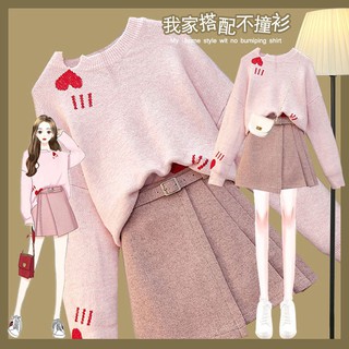 [ORDER TMALL 206] SET Áo Len Dệt Kim Trái Tim + Chân Váy Dạ Nhung Kèm Thắt Lưng