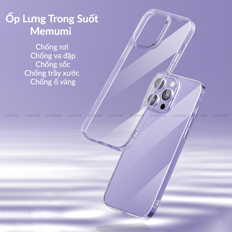 Ốp Lưng Trong Suốt Siêu Mỏng Memumi Glitter  Ốp Cứng Chống Ố Vàng Chống Sốc Viền Bảo Vệ Màn Hình Cammera Cho 14 Pro Max