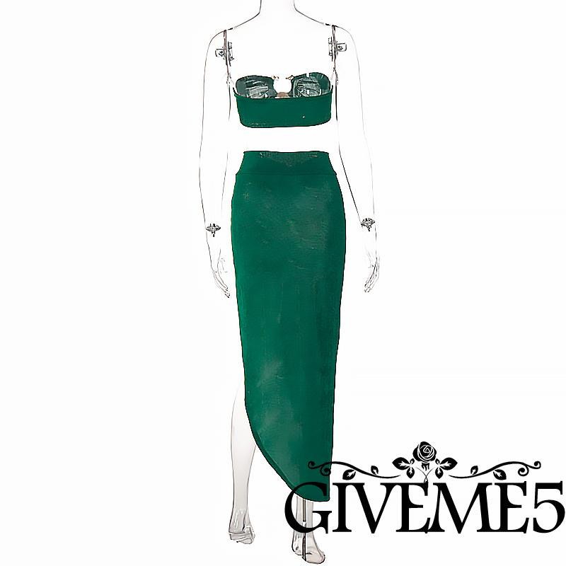 GIVEME-Women Summer Leisure Suit, Solid Color Metal Ring Decoration Strapless Midriff-baring Camisole + Side Split Bust