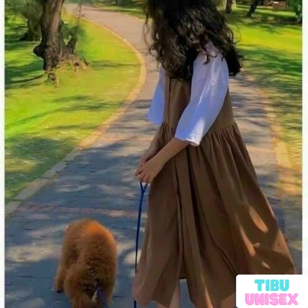 SET VÁY YẾM KSTE BE + ÁO THUN TRẮNG - BỘ ĐẦM 2 DÂY BẢN TO MÀU BE DÁNG DÀI ULZZANG