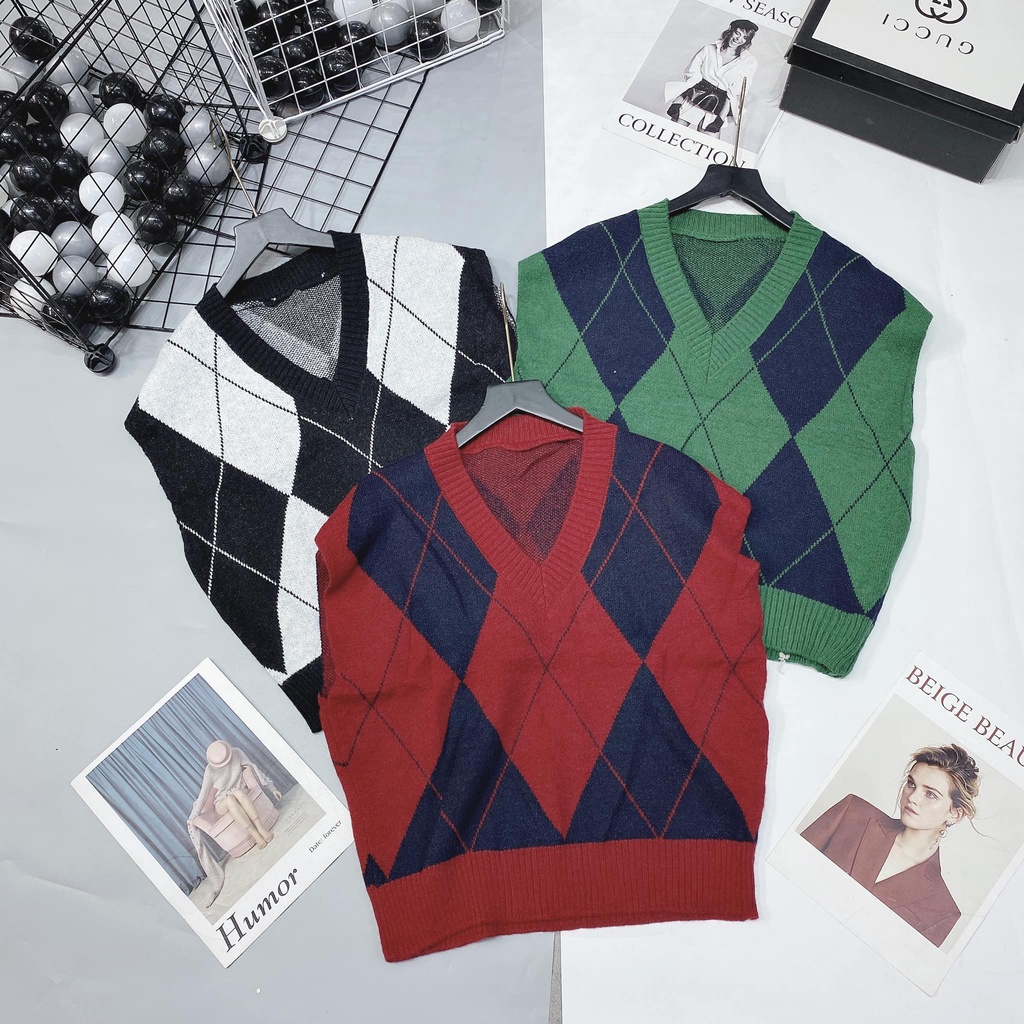 Áo ghile len họa tiết hình thoi phối 3 màu (kèm ảnh thật,video) | BigBuy360 - bigbuy360.vn