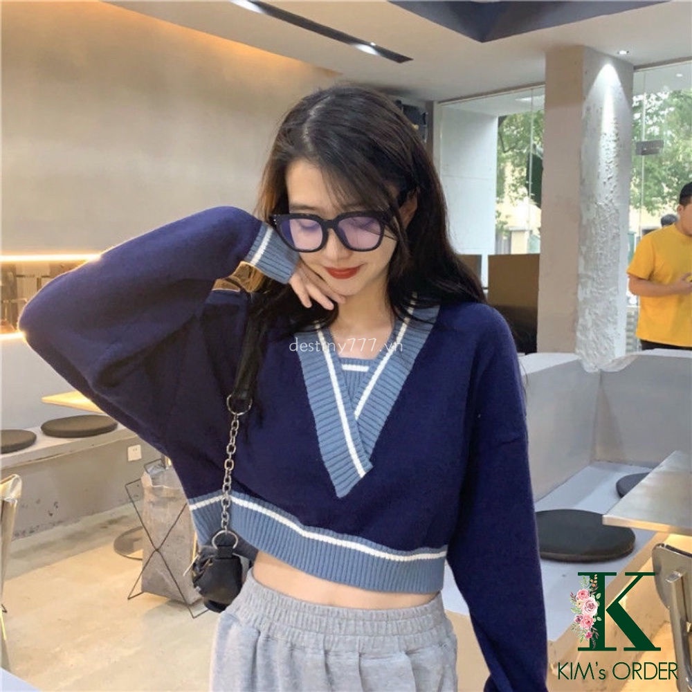 Áo len croptop tay dài cổ chữ V phong cách Hàn Quốc cho nữ