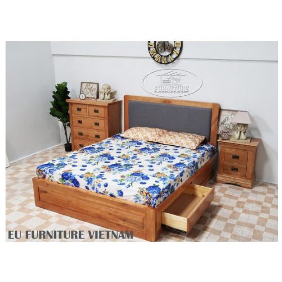 Giường ngủ gỗ sồi Mỹ có ngăn kéo đầu bọc nệm Montana 1m4x2m