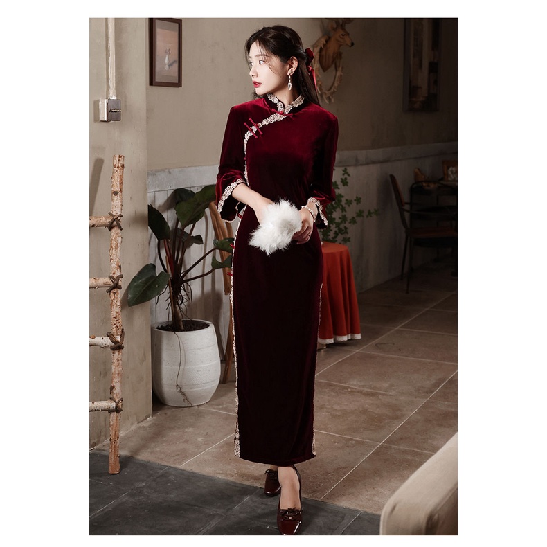 Đầm Sườn Xám Cách Tân Vải Nhung Phong Cách Trung Hoa Thời Trang Mùa Thu Mới 2022