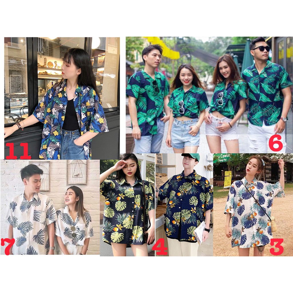 Áo sơ mi đôi, nhóm đi biển chất liệu đũi họa tiết hawaii