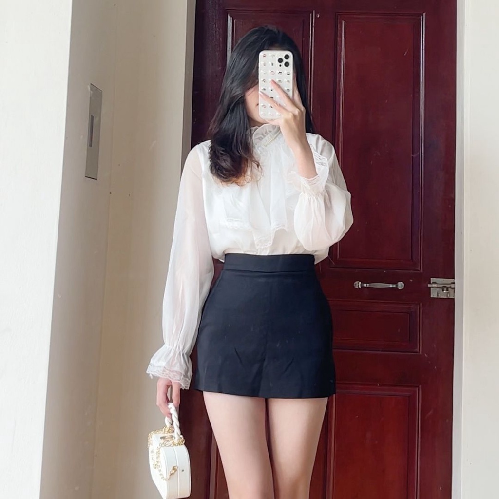 Áo kiểu nữ đẹp tay dài tiểu thư bánh bèo hàn quốc màu trắng cổ tròn dáng sơ mi tay phồng sexy Liao fashion