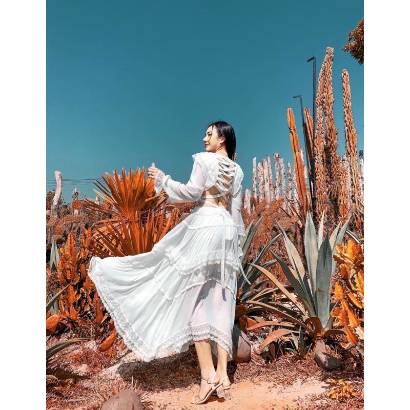 Đầm maxi trắng phối ren đan lưng [ FREESIZE DƯỚI 55KG] nhẹ nhàng nữ tính | BigBuy360 - bigbuy360.vn