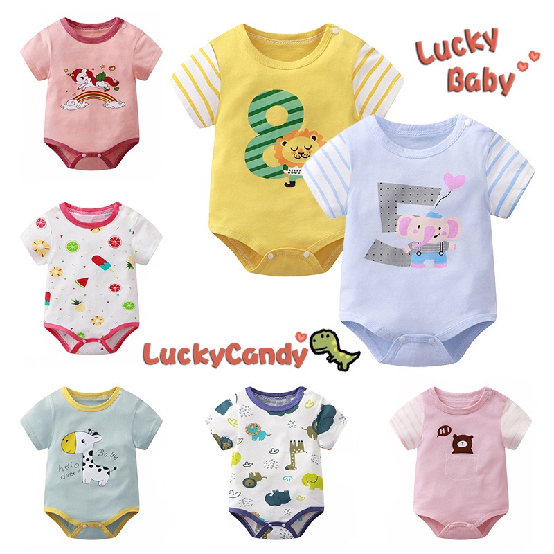 Áo liền quần LUCKYCANDY tay ngắn vải cotton in họa tiết đáng yêu thời trang cho bé 0 - 12 tháng tuổi