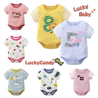 Áo liền quần LUCKYCANDY tay ngắn vải cotton in họa tiết đáng yêu thời trang cho bé 0 - 12 tháng tuổi