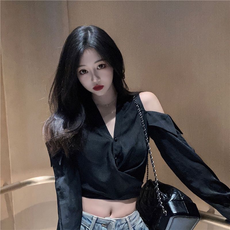 Áo Kiểu Tay Dài Trễ Vai Cổ Chữ V Họa Tiết Sọc Caro Thiết Kế Mới Thời Trang Cho Nữ